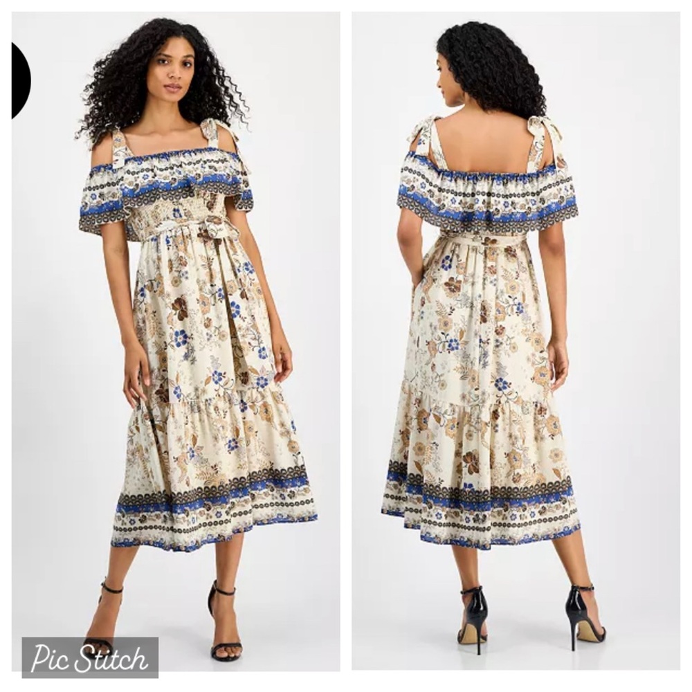 Anne Klein Cream Floral Off-Shoulder Midi Dress with Blue Accents
